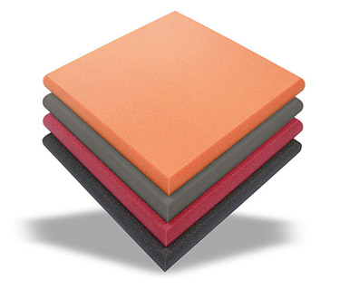 Stacked sound absorbers with rounded edges in various colours