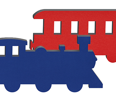 Sound absorber motif with felt surface shaped like a train and carriage in various colours
