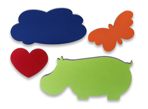 Motif sound absorbers in many shapes and colours Sound absorbers in various shapes and colours as sound insulation in the children's room.