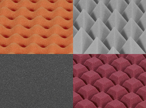 Acoustic foam with different surface profiles for sound dampening in the rehearsal room and sound studio Sound insulation mats with different profiles and colours for sound absorption in the sound studio