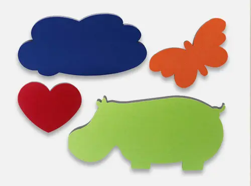 Sound absorbers with the motives hippo, cloud, heart, and butterfly are sound insulation in schools and nurseries.
