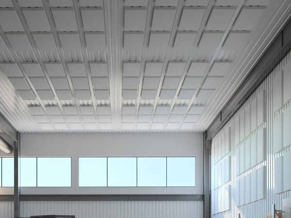 Acoustic absorber with MAGNETIC mounting in an industrial hall
