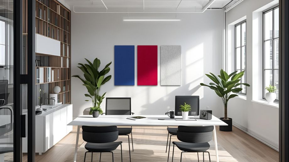 Vertical acoustic elements in royal blue, design red and light grey in an office
