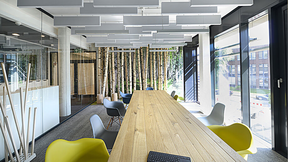 Suspended acoustic elements in an open-plan office