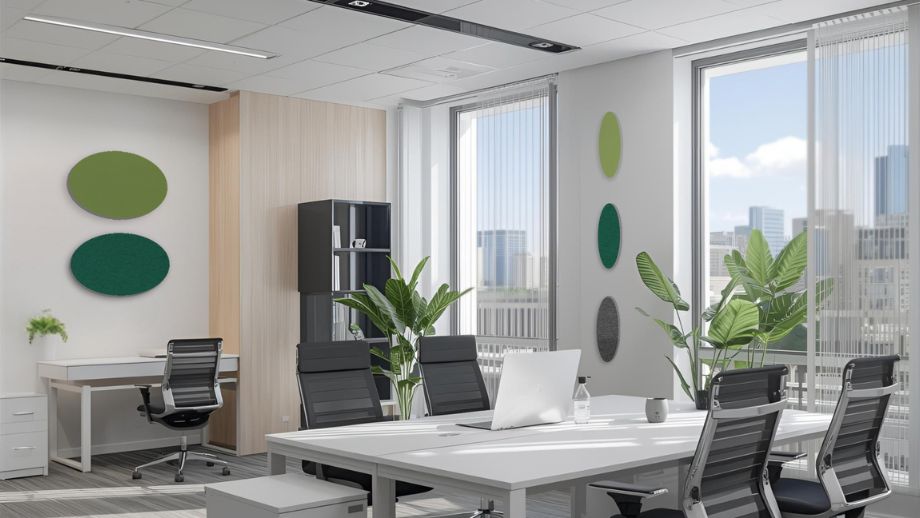 Round acoustic absorbers with felt surface in an office