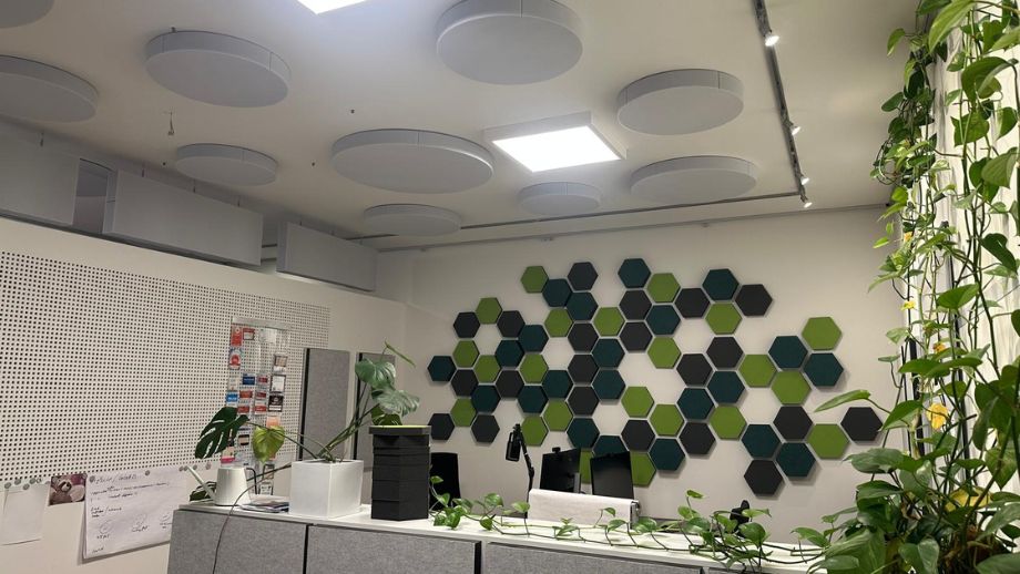 Various aixFOAM acoustic absorbers on the walls and ceiling in an office