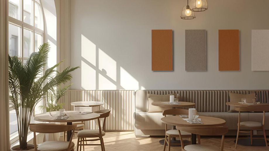 Sound absorber with felt surface in the restaurant area Sound absorbers with felt surfaces in catering establishments improve the quality of your guests' experience.