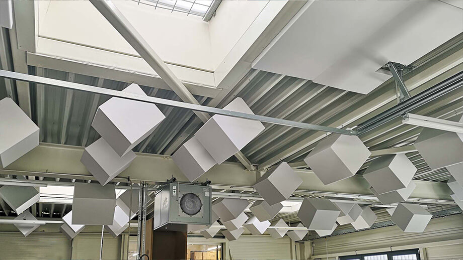 CUBIX Sound Absorber Cubes in an Industrial Hall