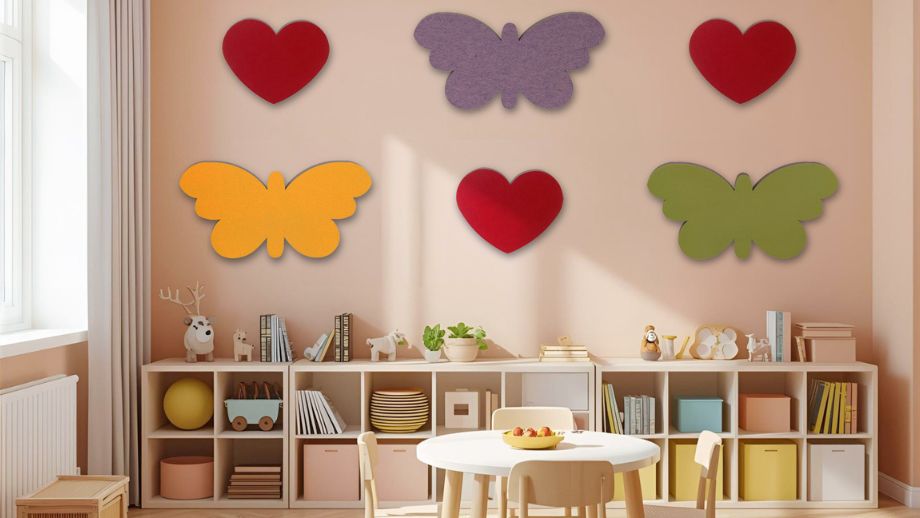 Hearts and colourful butterflies as sound absorbers on a wall in a nursery school Hearts and colourful butterflies as sound absorbers on a wall in a nursery school