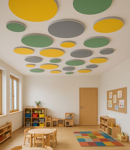 FELT Drops Mix & Match sound absorbers on the ceiling of a nursery school FELT Drops Mix & Match sound absorbers on the ceiling of a nursery school