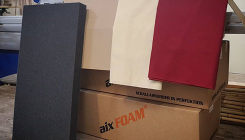 aixFOAM Sound insulation mats FLAT and acoustic fabric (SOFTTOUCH) for building a wall panel