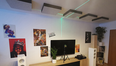 Self-adhesive (STICKY) acoustic absorbers on the ceiling in a hi-fi studio